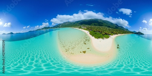Fototapeta Naklejka Na Ścianę i Meble -  A pristine tropical beach. Texture environment map for lighting and reflection - Equirectangular 360 degree landscape - Equirectangular 360 degree landscape