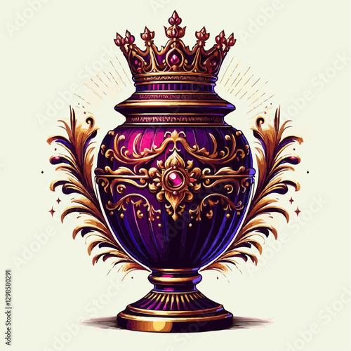 Regal decorative urn with a crown and rich embellishments on a light background