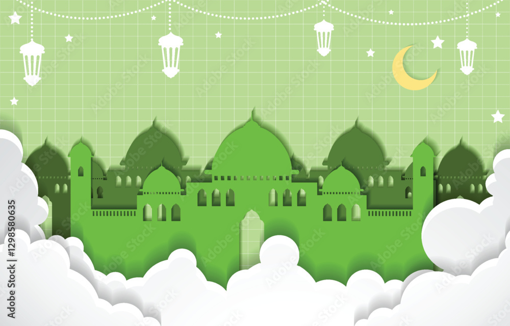 Islamic Papercut Background for Celebration Greeting Card in Green Color Theme Islamic Papercut Background for Celebration Greeting Card in Green Color Theme