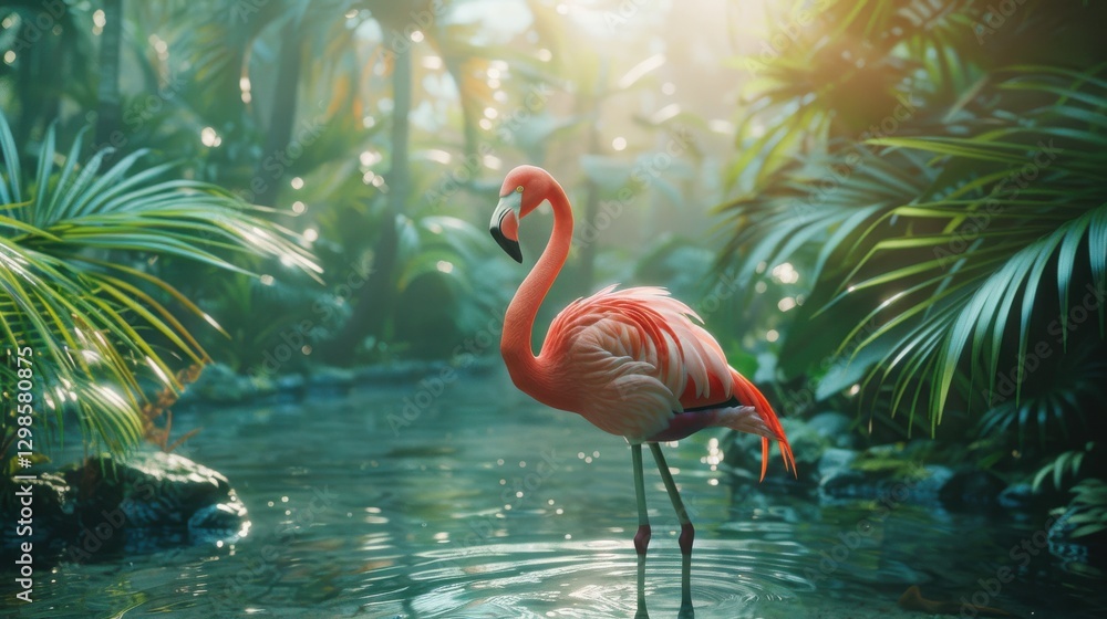 Fototapeta premium Pink flamingo standing in tropical pond, surrounded by lush green foliage.