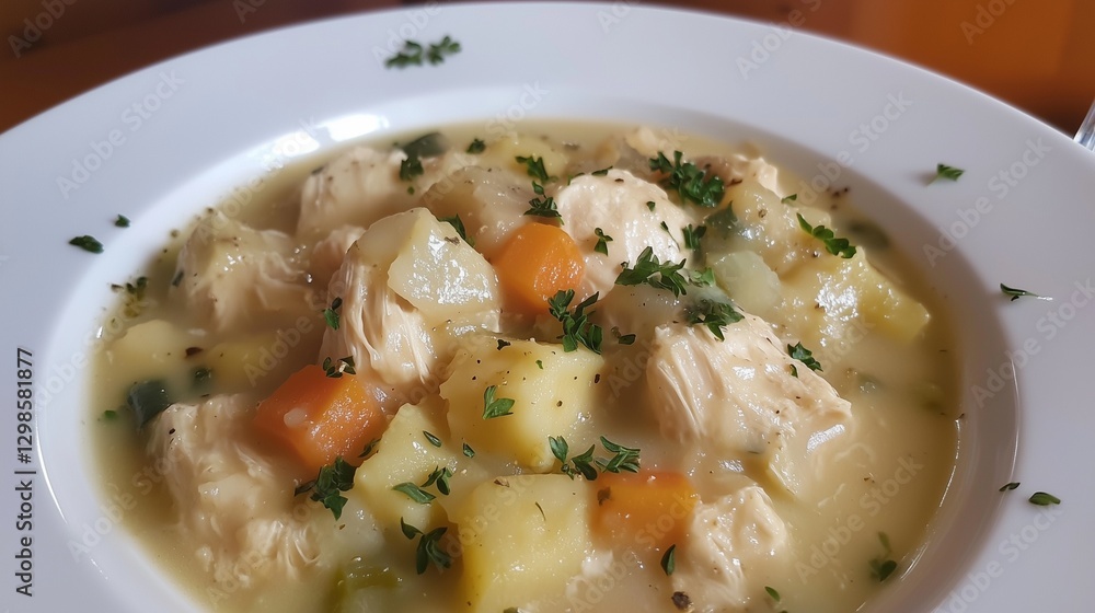 Hearty chicken soup with vegetables, evoking warmth and comfort. Hearty chicken soup with vegetables, evoking warmth and comfort.