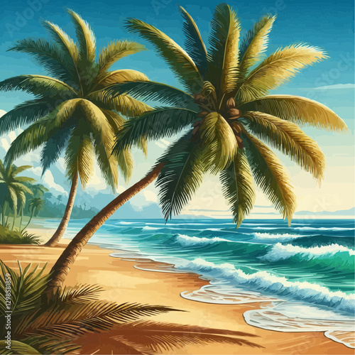 Lush tropical palm trees on a sandy beach with ocean waves and a clear sky