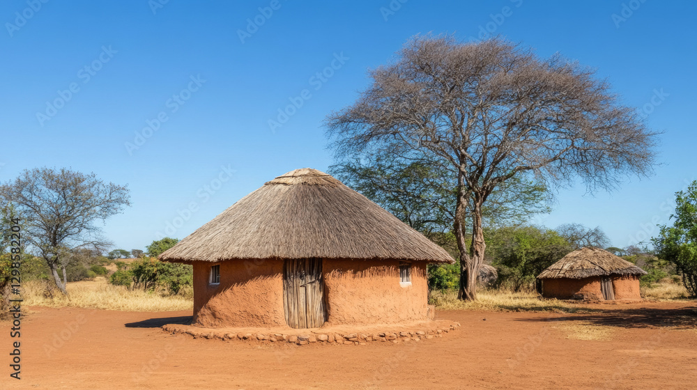 A pair of traditional mud huts with thatched roofs stand in an open area surrounded by vegetation. The clear blue sky indicates a bright, sunny day in an African village setting A pair of traditional mud huts with thatched roofs stand in an open area surrounded by vegetation. The clear blue sky indicates a bright, sunny day in an African village setting