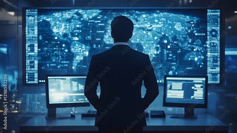 Business professional analyzing global data trends in a modern office with digital displays at night Business professional analyzing global data trends in a modern office with digital displays at night
