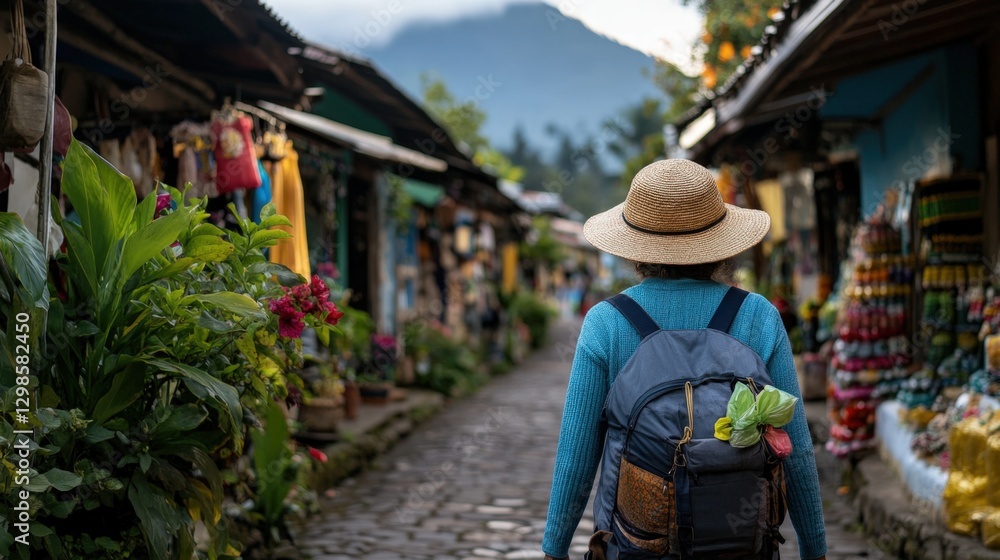 Obraz premium traveler with backpack walking through village