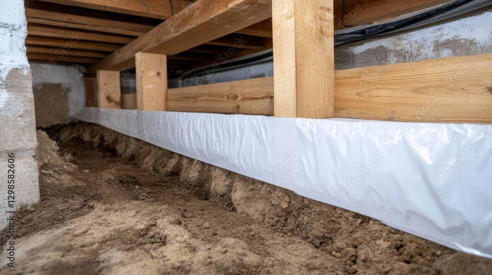 Workers have installed a white moisture barrier in a crawl space, covering the dirt floor. Wooden beams support the structure, ensuring a clean and protected area from moisture Workers have installed a white moisture barrier in a crawl space, covering the dirt floor. Wooden beams support the structure, ensuring a clean and protected area from moisture