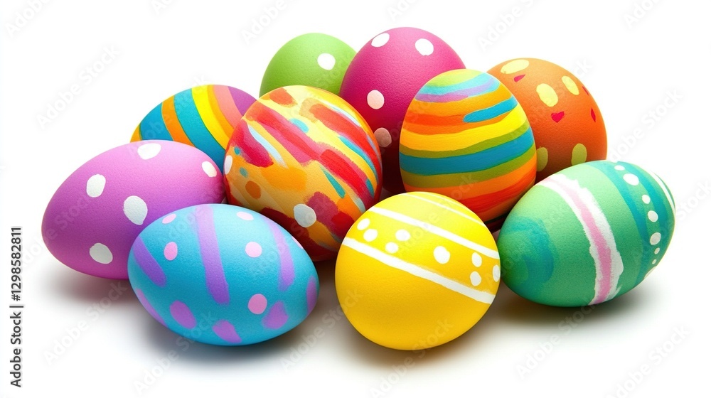 Fototapeta premium Colorful Easter eggs with stripes and dots on white background, super realistic