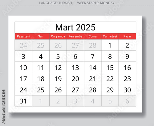 Page of Turkish calendar for march 2025 - takvim mart. Vector illustration winter month for Turkey