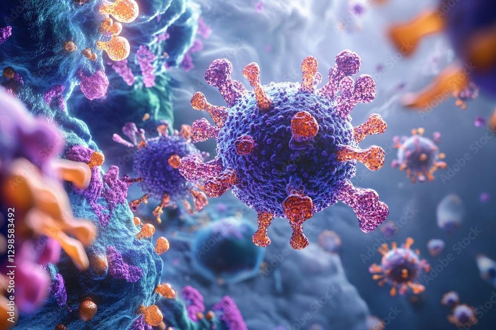 Fototapeta premium Scientific visualization of covid-19 macro view in lab environment for health insights