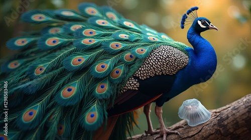 A blue peacock is standing on a branch