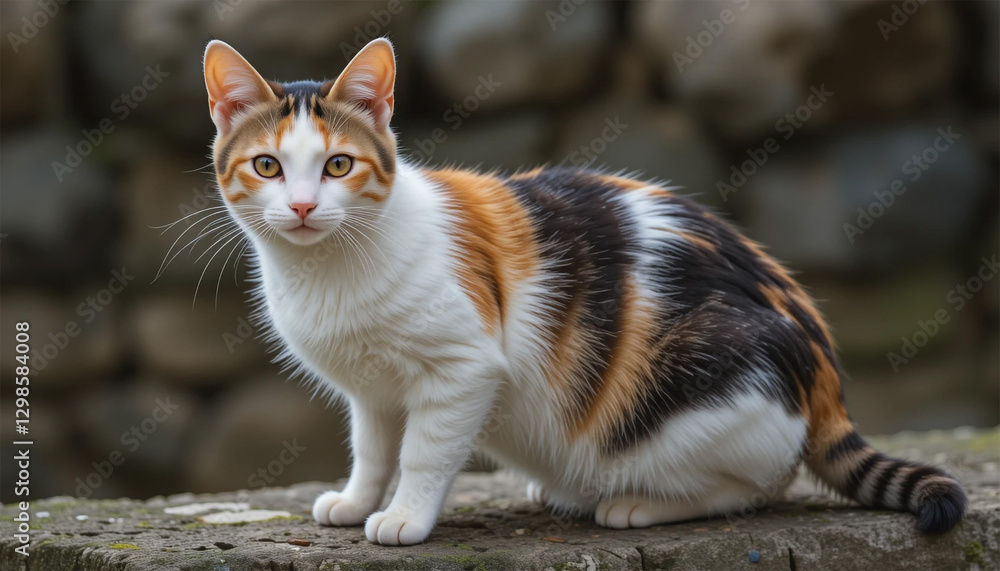 Tri-Color Cat with Curious Expression on Stone Surface Tri-Color Cat with Curious Expression on Stone Surface
