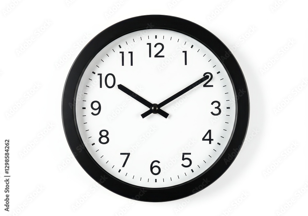 Analog wall clock with a black frame and white dial black hour minute and second hands isolated on white background Analog wall clock with a black frame and white dial black hour minute and second hands isolated on white background