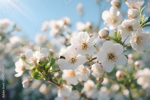 Cherry tree flowers, Close-Up Of White Flowers With Golden Centers And Bee