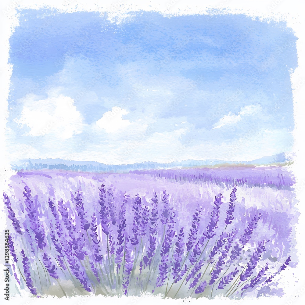 Obraz premium Serene Lavender Field Under a Bright Blue Sky Watercolor Painting