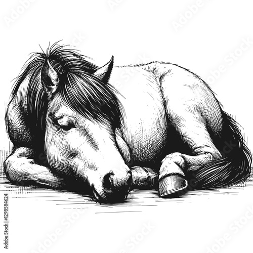 Horse sleeping line art drawing ink sketch vector hand drawn illustration background restful moments  napping under the sun