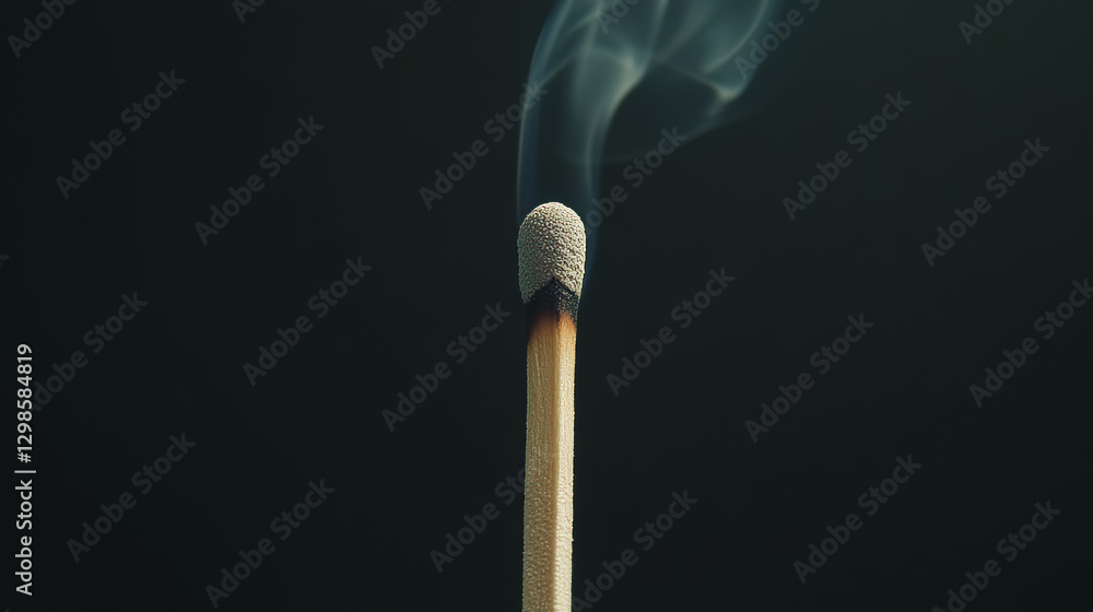 A matchstick stands upright with a charred tip, surrounded by wisps of gray smoke curling upwards A matchstick stands upright with a charred tip, surrounded by wisps of gray smoke curling upwards
