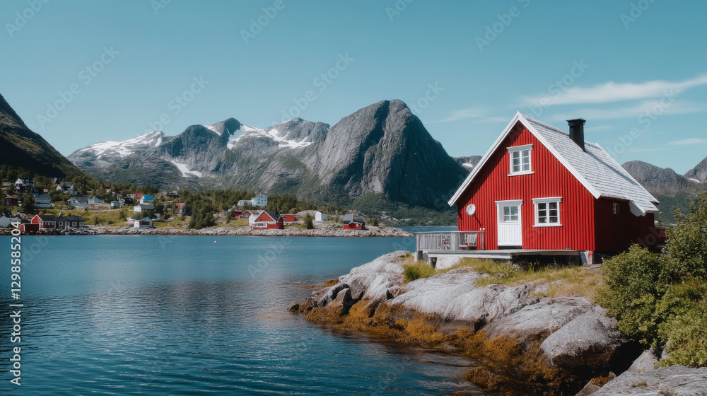 Fototapeta premium A striking red cabin sits by a calm lake surrounded by rocky shores and towering mountains. The bright blue sky above enhances the tranquil atmosphere of this remote Norwegian landscape