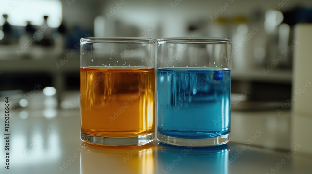 Close-up of laboratory glassware containing blue and orange liquids, placed neatly on a white research table. Close-up of laboratory glassware containing blue and orange liquids, placed neatly on a white research table.
