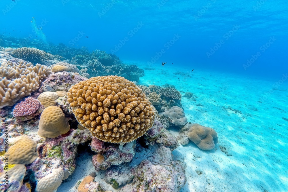 Fototapeta premium A peaceful lagoon reef filled with diverse corals, small sharks, and schools of fish