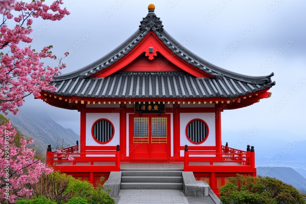 A peaceful Buddhist temple in a valley, surrounded by misty mountains and cherry blossoms A peaceful Buddhist temple in a valley, surrounded by misty mountains and cherry blossoms