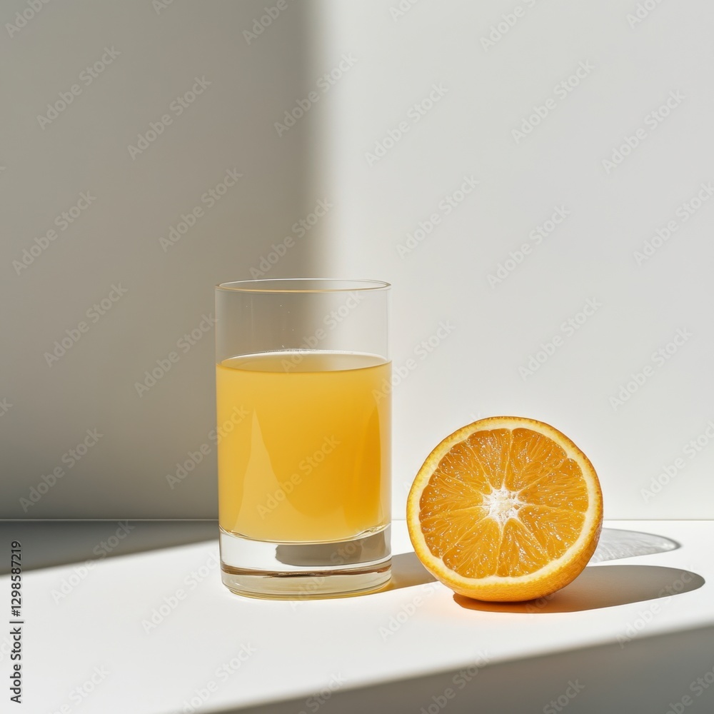 Fresh Orange Juice in Glass with Half Orange on Bright Surface Fresh Orange Juice in Glass with Half Orange on Bright Surface