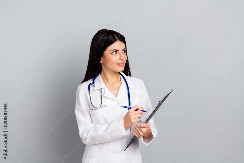 Confident female doctor holding clipboard and pen in medical office Confident female doctor holding clipboard and pen in medical office