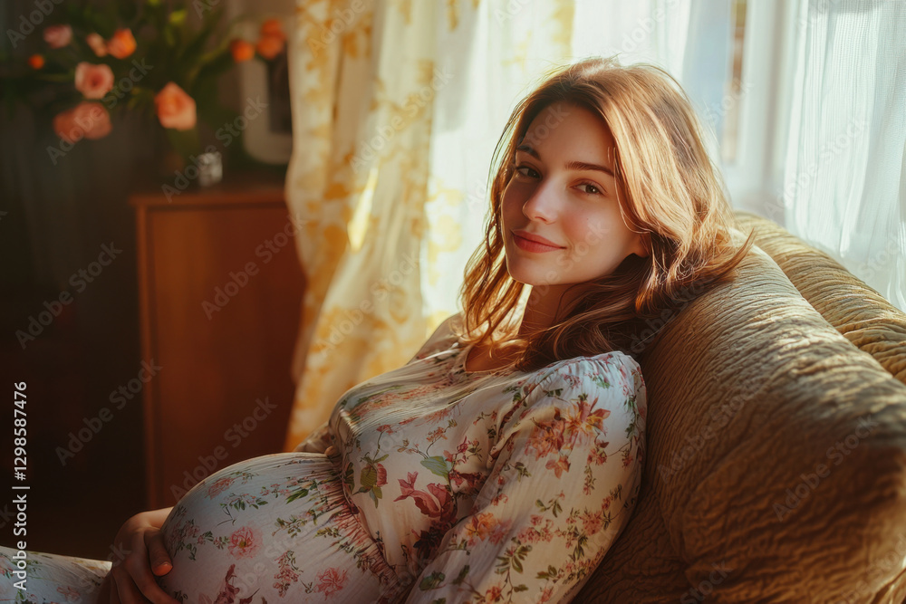 Expecting joy, a serene moment captured in a sunlit room with a pregnant woman embracing motherhood and blooming flowers nearby Expecting joy, a serene moment captured in a sunlit room with a pregnant woman embracing motherhood and blooming flowers nearby