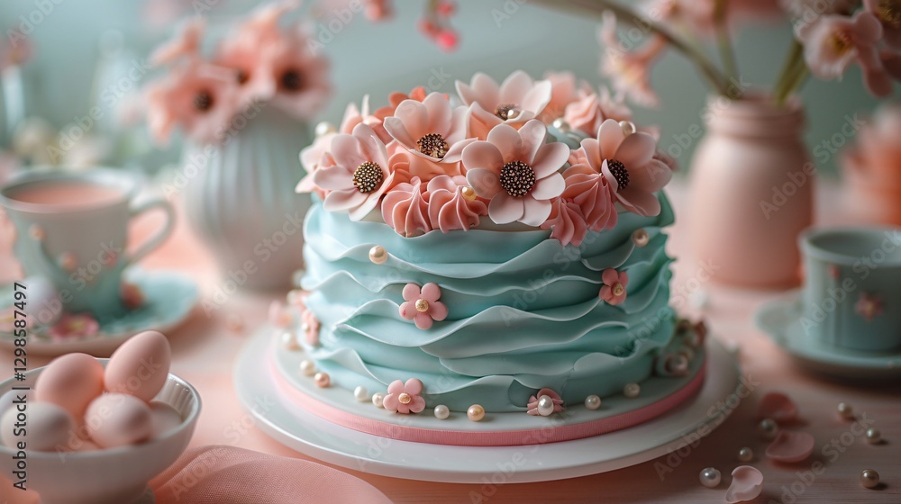 Fototapeta premium Cute birthday cake with flower decoration