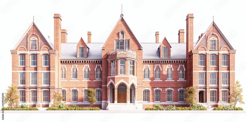 Fototapeta premium A traditional two-story brick building in PNG features transparent shrubs