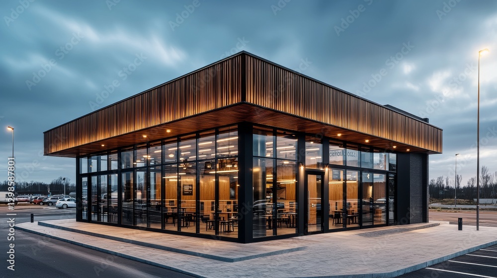 The exterior of a modern fast food restaurant is depicted with copy space, highlighting its tidy and appealing facade The exterior of a modern fast food restaurant is depicted with copy space, highlighting its tidy and appealing facade