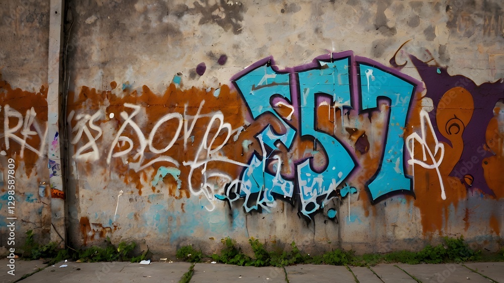 Naklejka premium a grungy urban wall with peeling paint, graffiti tags, and rust stains