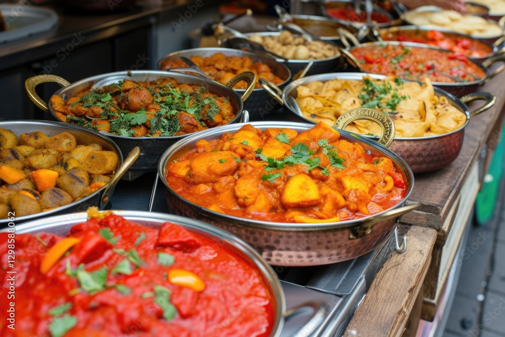 Variety of cooked curries on display at Camden Market in London Variety of cooked curries on display at Camden Market in London