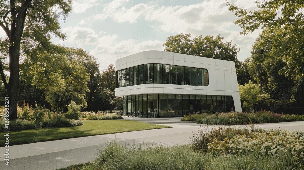 A state-of-the-art university structure characterized by its curved glass design and verdant surroundings, embodying the principles of innovation, education, and modernity A state-of-the-art university structure characterized by its curved glass design and verdant surroundings, embodying the principles of innovation, education, and modernity