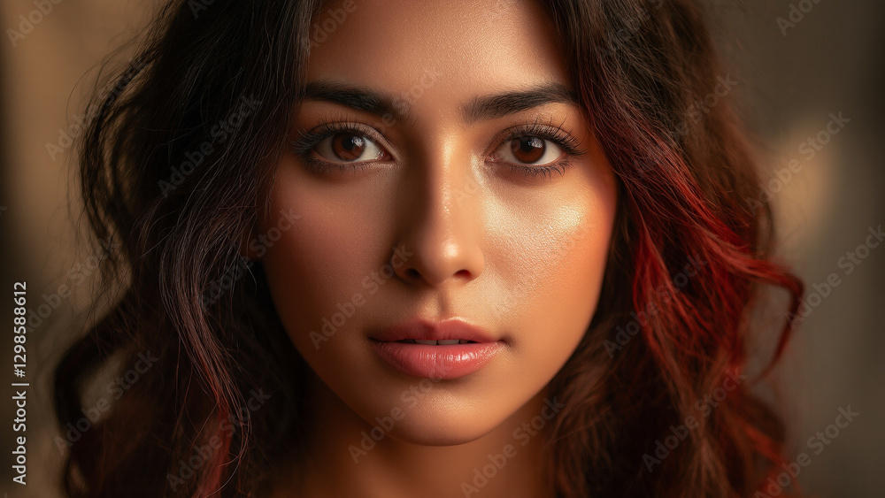 Young woman with expressive features and colorful hair posing for a serene portrait in soft lighting Young woman with expressive features and colorful hair posing for a serene portrait in soft lighting