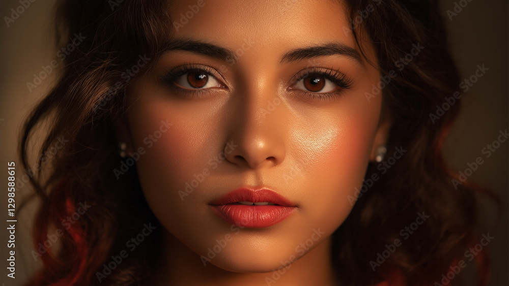 Captivating portrait of a young woman with expressive eyes and warm lighting in a serene setting Captivating portrait of a young woman with expressive eyes and warm lighting in a serene setting