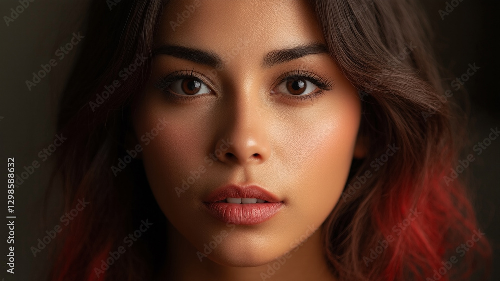Captivating portrait of a young woman with distinctive hair color captured in warm, soft light in an intimate setting Captivating portrait of a young woman with distinctive hair color captured in warm, soft light in an intimate setting