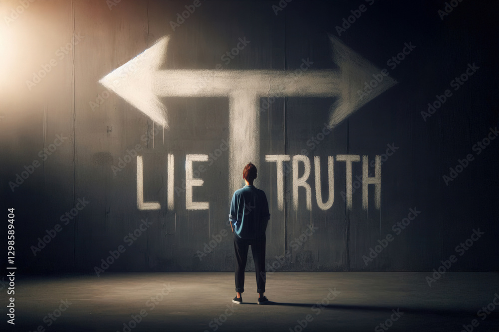 Obraz premium A person stands in front of a dark grey wall with two chalk-drawn arrows: one labeled 'LIE' and the other 'TRUTH.' A thought-provoking image symbolizing the choice between deception and honesty.