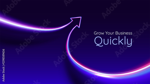 Neon arrow up. Red blue arrow with lights trails. Futuristic 3D style. Business, personal growth, quick result. Innovation technology and finance.