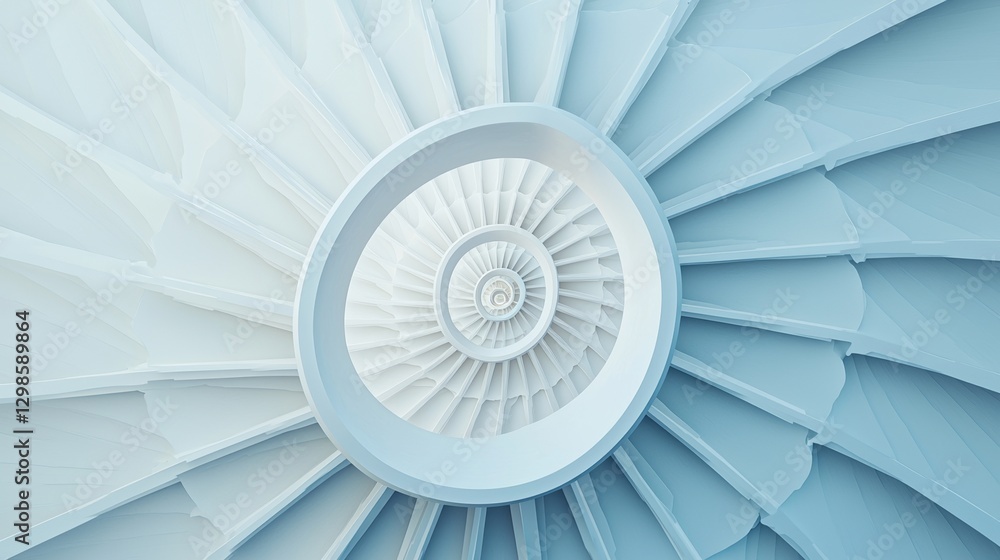 Fototapeta premium The spiral staircase, with its clean white lines twisting downward, forms an abstract geometric perspective that captivates the viewer