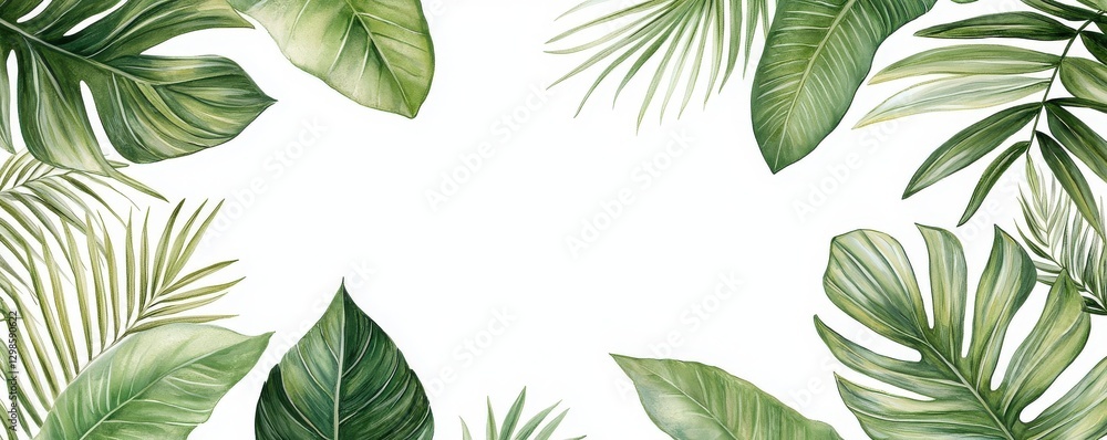 Fototapeta premium A vibrant arrangement of green tropical leaves framing a blank white space, ideal for creative backgrounds or nature-themed designs.