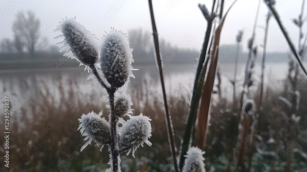 Fototapeta premium Frozen Winter Plant by River, Icy Frost on Seeds, Nature Photography