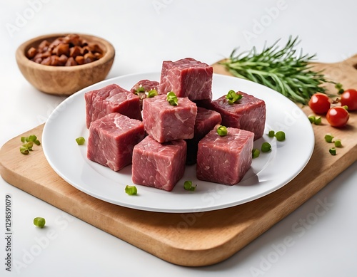 raw premium grass-fed australian beef cubes on a plate in white background for product display hero image,For beef curry,plate, strawberry, berry, food, fruit, isolated, white,86