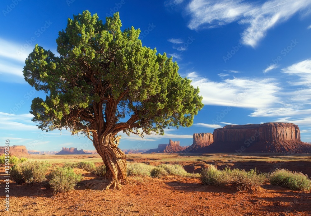 Majestic Tree Against Monument Valley Landscape under Blue Sky Majestic Tree Against Monument Valley Landscape under Blue Sky