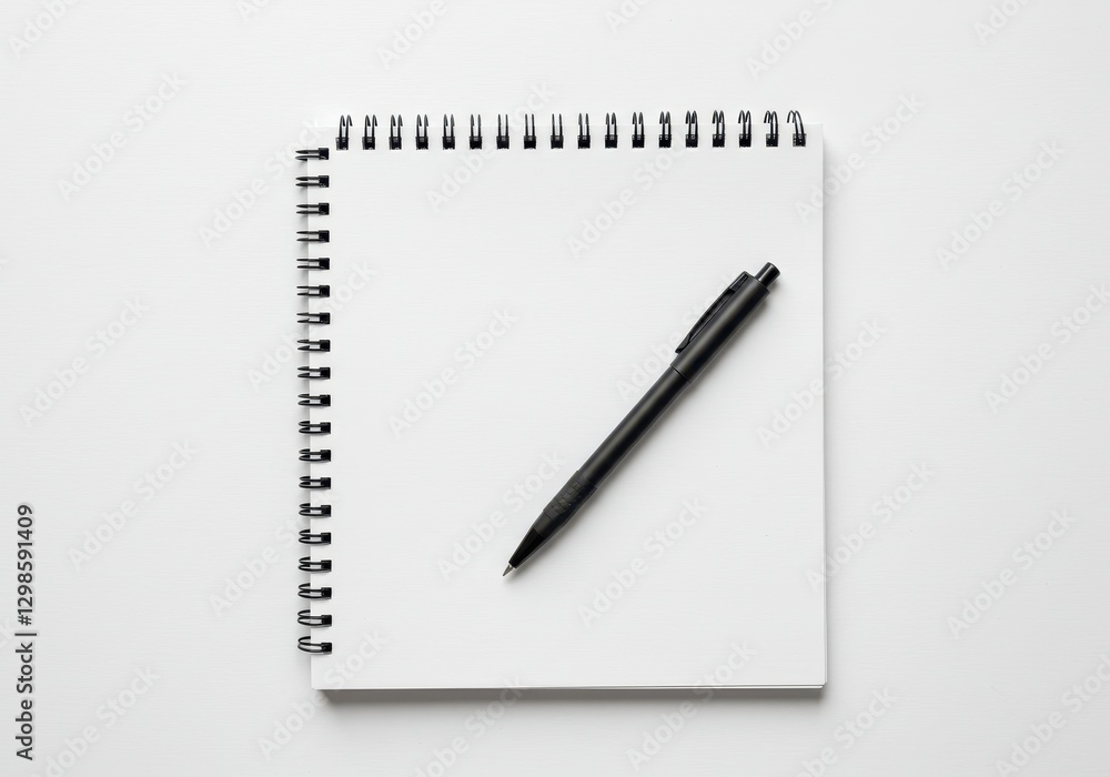 A spiral bound white notebook with a black pen placed diagonally on top isolated on white background A spiral bound white notebook with a black pen placed diagonally on top isolated on white background