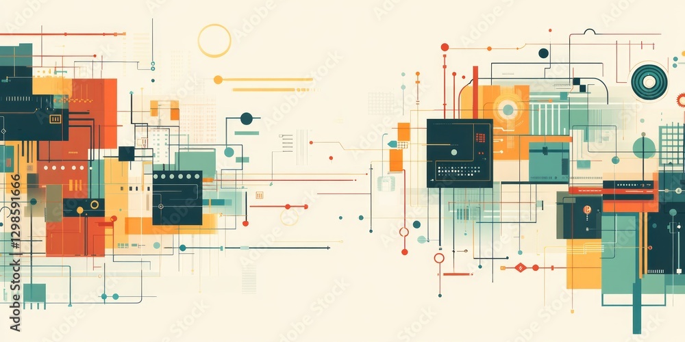 Abstract illustration showcases interconnected geometric shapes and linear elements Abstract illustration showcases interconnected geometric shapes and linear elements