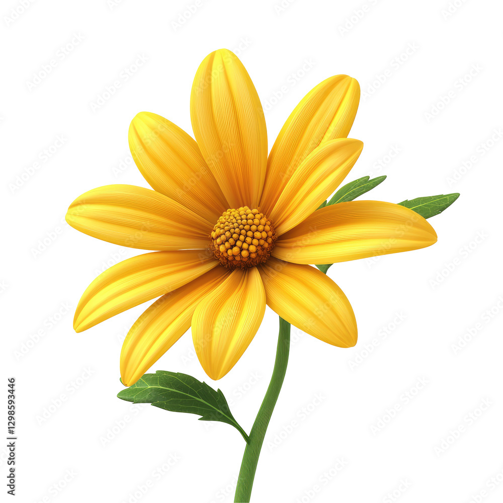 Obraz premium Vibrant Close-Up Illustration of a Single Yellow Flower with Delicate Petals and Lush Green Leaves