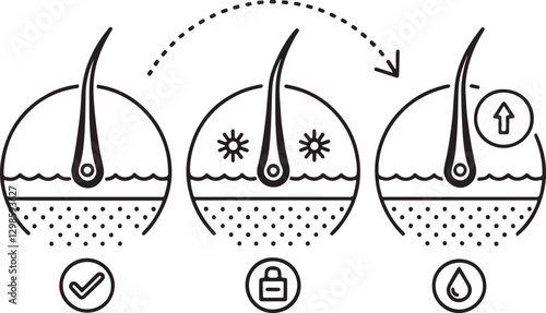 Laser hair removal editable flat stroke line art icon set, Outline of hair fall secure stage and step. Vector illustration on a white background.