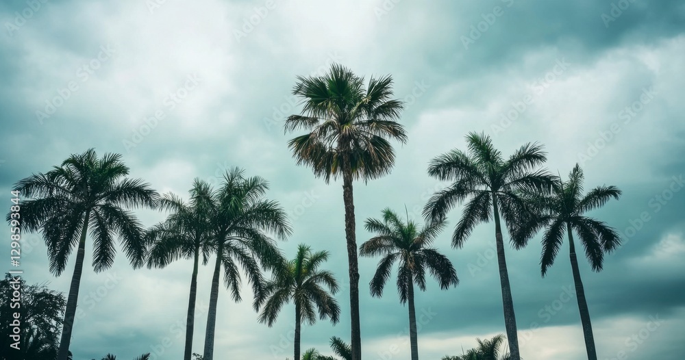 Lush Palm Trees Under Dramatic Cloudy Sky in Tropical Landscape Lush Palm Trees Under Dramatic Cloudy Sky in Tropical Landscape
