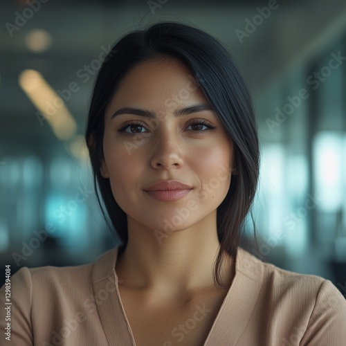 Una oficinista hispana está sonriendo. Llevaba una blusa. photo