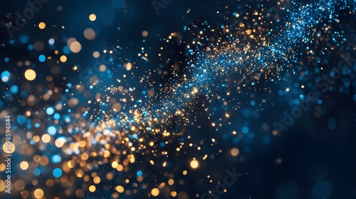 Glowing particles in dark cosmic background, swirling galaxy dust effect with blue gold light spots, abstract energy and motion design